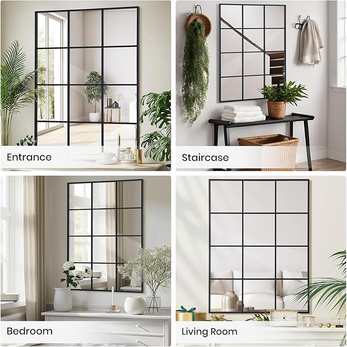 Windowpane Wall Mirror 24"x36" Black Wall Mounted Art Pane Mirror Farmhouse Decorative Mirror Leaning Hanging Wall Mirror for Bedroom Living Room Entrance Hallway Wall Decor