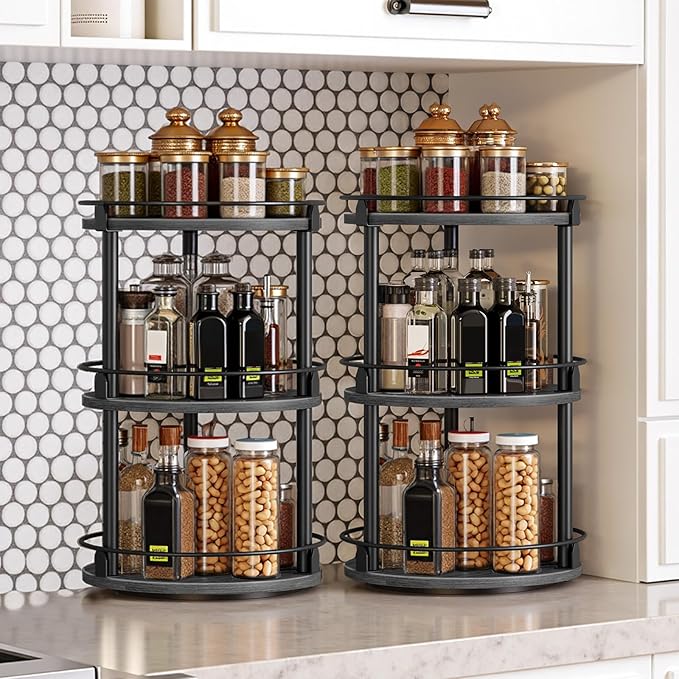 Spice Rack, Set of 2 Lazy Susan Organizer, 3 Tier Turntable Organizer For Cabinet, Compact and Versatile, for Kitchen Countertop, Black SR23L2BB