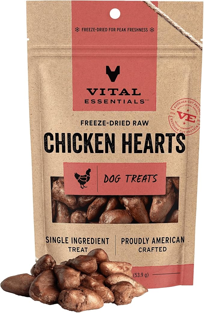 Vital Essentials Single Ingredient Chicken Hearts Dog Treats, 1.9 oz | Freeze-Dried Raw | Premium Quality High Protein Training Treats | Grain Free, Gluten Free, Filler Free
