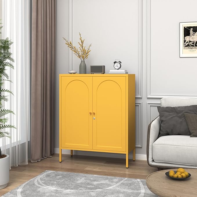 Metal Storage Cabinet with Lock, 2-Door Semi-Circular Steel Door, 2 Adjustable Shelves, Heavy Duty Secure Storage Unit for Home, Office, School, Yellow 36" H X 31.5" W X 13.8" D