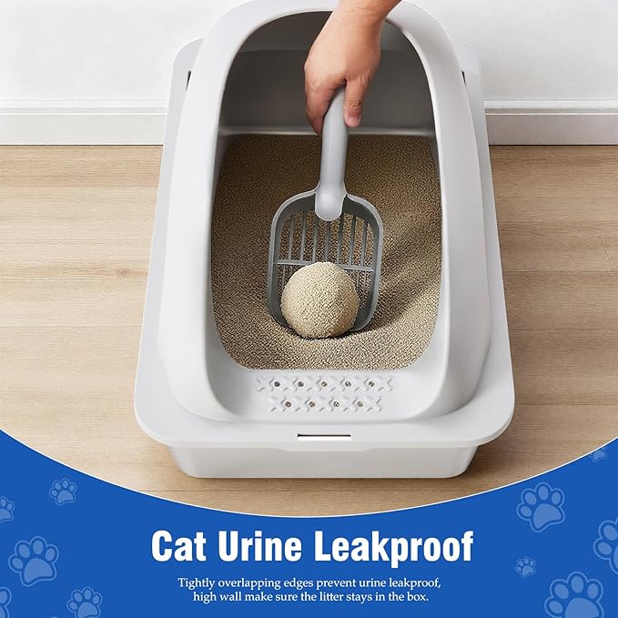 Stainless Steel Cat Litter Box with Lid, High Sided Large Cat Litter Box for Anti-Urine Leakage, Included Scoop and Litter Mat, Light Gray