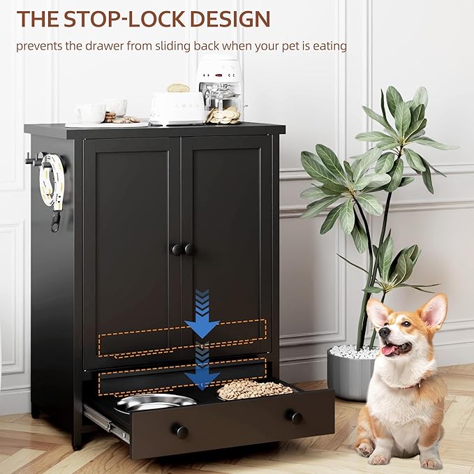 Dog Feeding Station with Storage, Metal Dog Food Storage Cabinet with 2 Elevated Bowls and 3 Hooks, Pet Feeding Station and Food Storage Organizer, Black