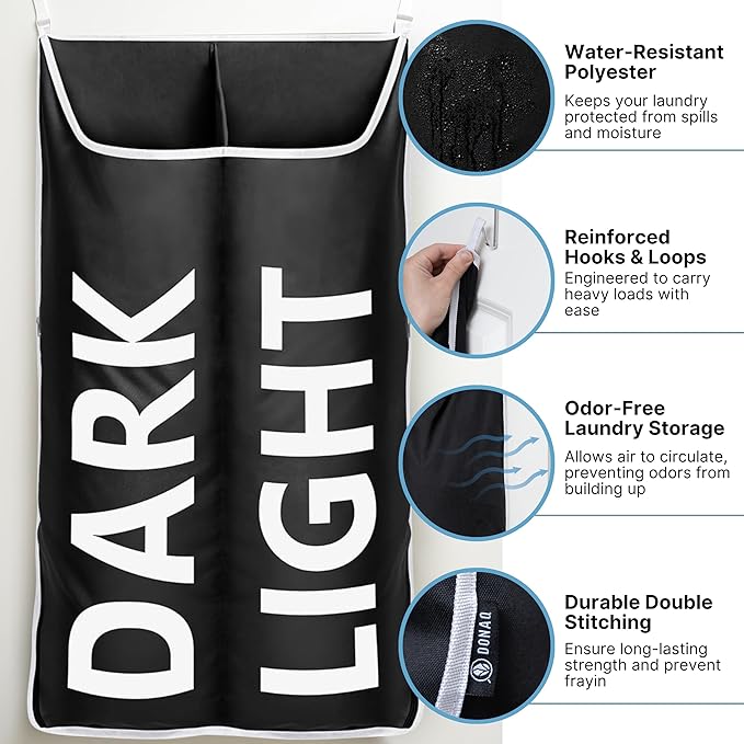 Hanging Laundry Hamper Bag XL, Space Saving over the Door Storage Bags, Behind the Door Hampers for Dirty Clothes & Wall Mounted Basket for Bathroom (Black -2Pack, Double Compartment)