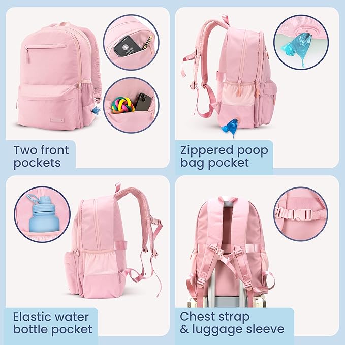 Dog Travel Bag for Supplies - Complete Doggy Diaper Bag Backpack - Ideal Gift for Dog Lovers, Doggy Moms for Christmas - Laptop Sleeve, 2 BPA-Free Bowls, Food Container, Treat Pouch: Dusty Pink