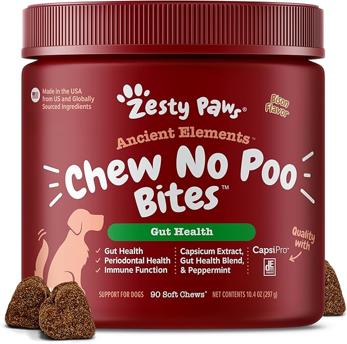 Zesty Paws Chew No Poo Bites for Dogs - Stool Eating Deterrent Soft Chews for Dogs - Gut, Periodontal & Immune System Support - Premium DE111 Bacillus subtilis Probiotic - AE Bison - 90 Count