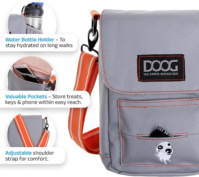 DOOG Walkie Bag - Adjustable Dog Treat Pouch Shoulder Bag with Poo Bag & Water Bottle Compartments - Comfort Fit for Everyday Use