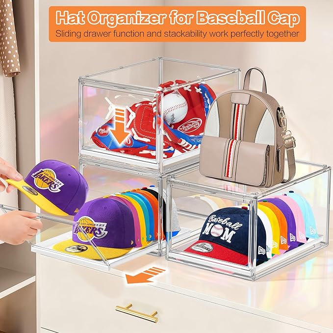 Hat Storage Box for Baseball Cap, Large Clear Hats Organizer Container with Sliding Tray Drawer, Stackable Caps Display Case with Magnetic Door for Closet Holds 8-10 Hats 1Pack