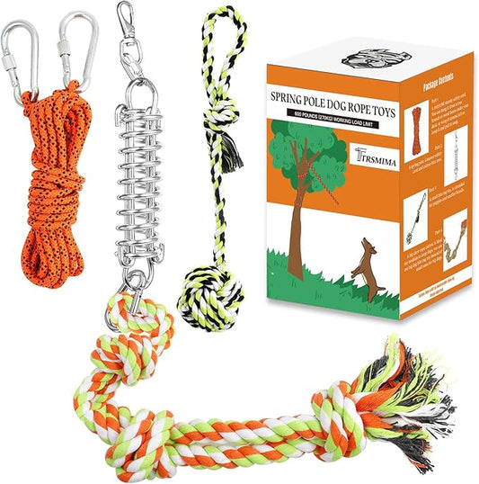 Spring Pole Rope Toys: Rope Pull & Tug of War with a Big Spring Pole Kit & 2 Strong 16ft Toys - Muscle Builder Interactive Toy for Pitbull Medium to Large Dog