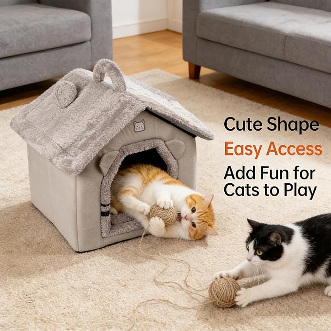 Lovely Cat Bed for Indoor Cats, Cartoon Pattern Cat Cave Bed with Handle Design, Soft Cat Hideaway Indoor Cat House for Kitten, Puppy & Small Pets (M)