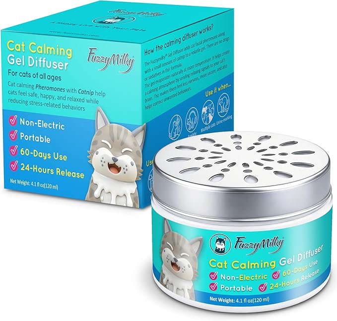 Cat Pheromone Calming Diffuser Gel, Fuzzymilky Unplugged Cordless Cat Calming, Anxiety Relief, Lasting 2 Months, Adjustable for Home,Car Travel, Scratching,Urine Marking(120 ml, 4.1 fl oz) (SymFloral)