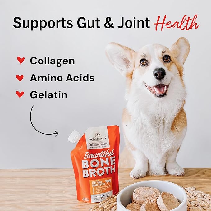 Stella & Chewy's Human-Grade Grass-Fed Beef Bone Broth for Dogs - Joint & Gut Health Liquid Food Topper with Collagen & Turmeric, 16 Fl Oz Resealable Pouch