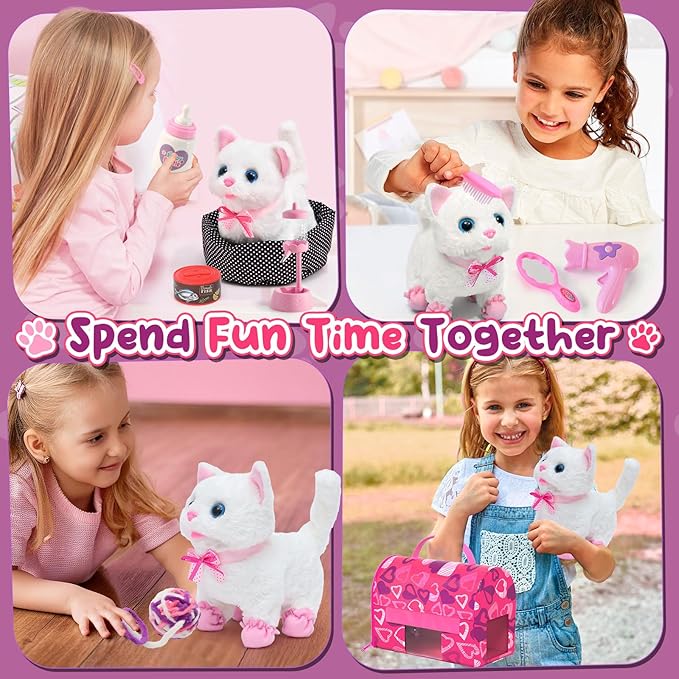 Golray Cat Toys for Kids Girls Gift, Electronic Interactive Plush Toy Cat Can Walk and Meow - 16 Pcs Carrier & Pet Groom Feed Care Pretend Play Set, Birthday Gift for Toddler Little Girl 3 4 5 6 7 8 9