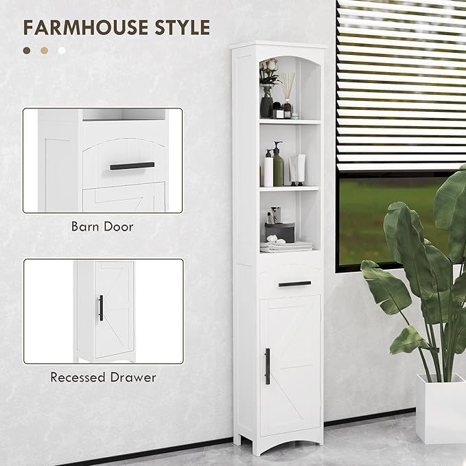 HOMCOM Tall Bathroom Storage Cabinet, Farmhouse Narrow Bathroom Storage Cabinet with Recessed Drawer and Barn Door, Linen Cabinet, White