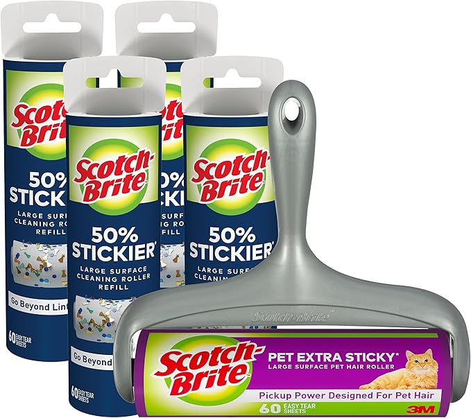 Scotch-Brite Pet Extra Sticky Large Surface Roller, Designed for Pet Hair (60 Sheets) + Scotch-Brite 50% Stickier Large Surface Roller Refill, 60 Sheets (Pack of 4), 240 Sheets Total
