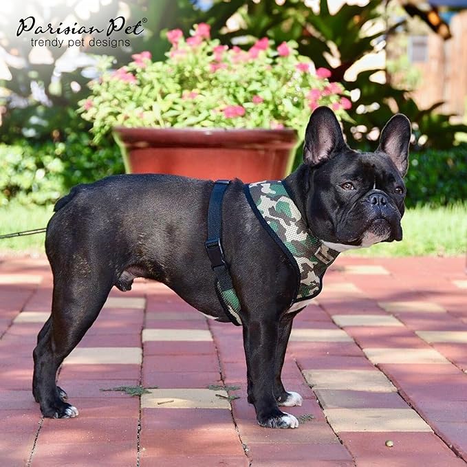 Parisian Pet Adjustable Freedom Harness - Green Camo Dog Vest - 100% Mesh Fabric Cooling Harness - Idle for Outdoor Adventures - Large Size