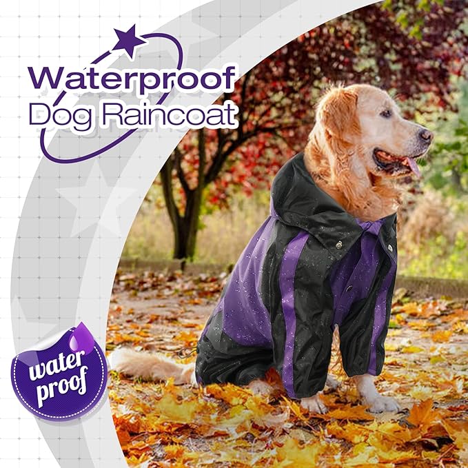Dog Raincoat, Lightweight Rain Jacket, Adjustable 4-Legs Pet Poncho with Hood, Snow-Proof Dog Vest Rainwear, Rain Clothes Apparel with Leash Hole