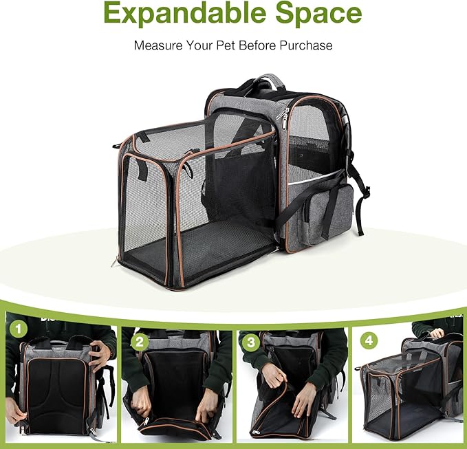 Lekebobor Large Cat Backpack Carrier Expandable Pet Carrier Backpack for Small Dogs Medium Cats Fit Up to 18 Lbs, Dog Backpack Carrier, Foldable Puppy Backpack Carrier for Travel, Hiking, Grey