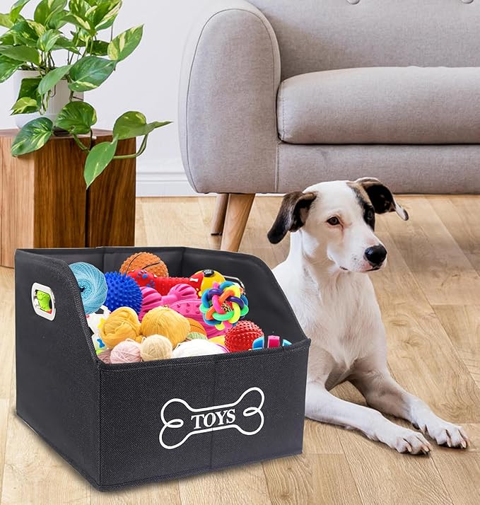 Geyecete Wooden Handle Soft Felt Storage Bin Organizer - Decorative Rectangular Pet Supplies Storage Basket/Bin - Black