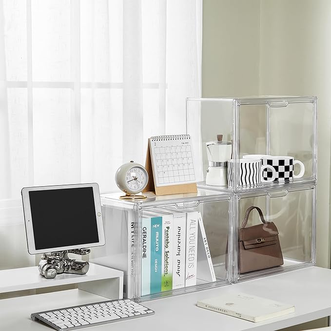 Cube Storage Organizer Acrylic Book Case Display Case Box Stackable Book Storage Containers With Magnetic Door Clear Plastic Portable Organizer For Living Room Bedroom 5 Pcs