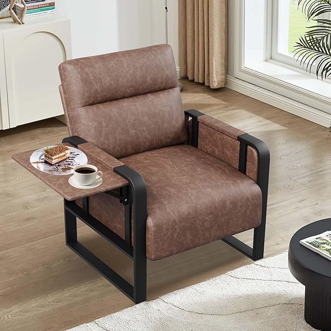 Modern PU Leather Accent Chairs Set of 2 Upholstered Armchairs with Tray Table Leisure Side Chairs for Living Room Bedroom Office Dark Brown