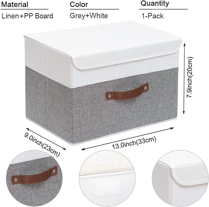 Yawinhe Collapsible Storage Bin, Cube Organizer Basket, Fabric Box with Lids, Washable and Leather Handle, for Home, Closet, White/Grey, 13.0''Lx9.0''Wx7.9''H, 1-Pack, SNK024WGS-1