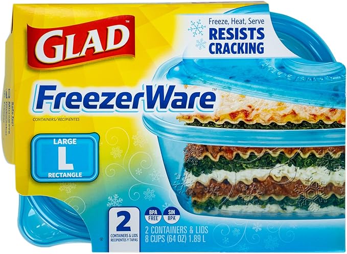 Glad GladWare Freezerware Food Storage Containers - Large Rectangle - Meal Container Holds up to 64 Ounces of Food - Lock Tight Seal, 2 Count - 6 Pack