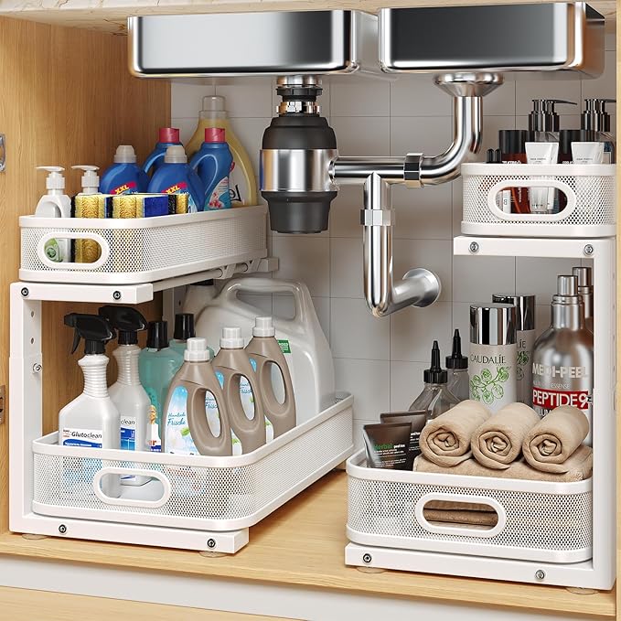 2 Pack Under Sink Organizer With Smooth Cylindrical Rail,2-Tier Pull Out Multi-Purpose Cabinet Storage for Bathroom&Kitchen,Height Adjustable,Rust-resistant Coating-White