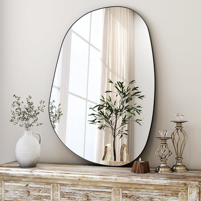 36"x24" Bathroom Mirror for Wall, Irregular Bathroom Mirrors for Over Sink, espejos decorativos de pared, Modern Metal Framed Vanity Mirror for Bedroom, Entryway, Bathroom, Living Room, Black