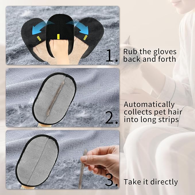 3 PCS Pet Hair Removal Gloves for Dogs & Cats - Reusable Electrostatic Magic Brush Pet Hair Remover Glove Tool for Couch, Clothing, Furniture, Carpet, Bed, Curtain, Car Seat
