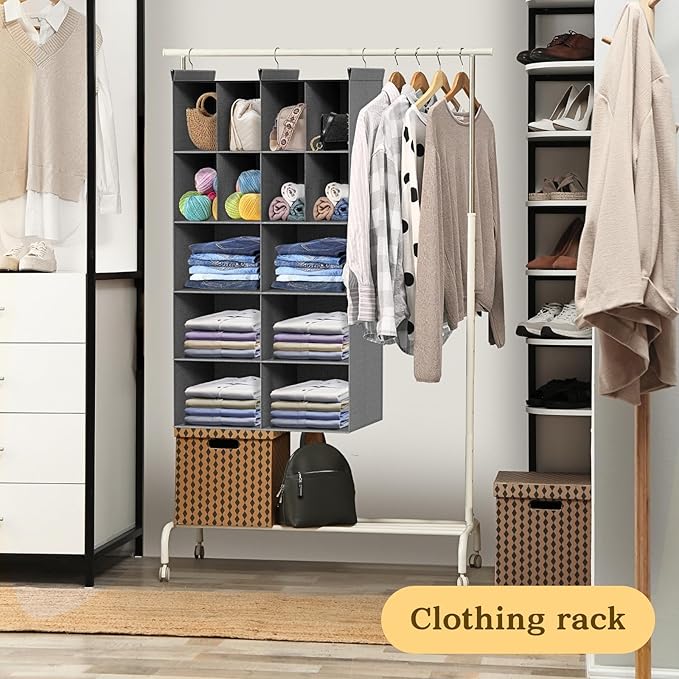 Ofiray-home 5 Tier Hanging Closet Organizer, 14 Compartments Sweater Organizer for Closet with 3 Sturdy Hooks, Closet Organizers and Storage, Wardrobe, Rv, Garment Rack, Grey