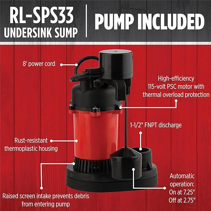 Red Lion RL-SPS33 1/3 HP, 115-Volt, 3200 GPH Under-Sink Sump Pump System with 6 Gallon Basin, Red/Black, 14942736