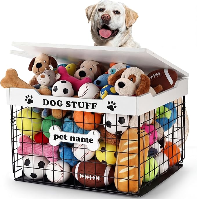 Dog Toy Bin Basket with Lid, 15.4'' Large Metal Dog Toy Storage Box with Bone Handle, Organizer Chew for Living Room, Farmhouse Food Storage Organizer for Leash Chew Blankets Clothes(White)