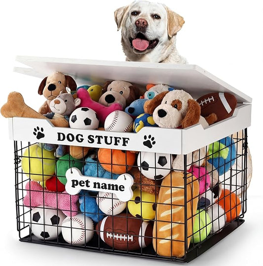 Dog Toy Bin Basket with Lid, 15.4'' Large Metal Dog Toy Storage Box with Bone Handle, Organizer Chew for Living Room, Farmhouse Food Storage Organizer for Leash Chew Blankets Clothes(White)