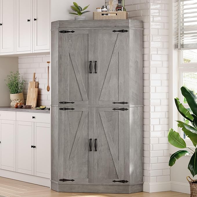 Corner Cabinet,71'' Kitchen Pantry Storage Cabinet with 4 Doors and Shelves, Tall Food Pantry Storage Cabinet Farmhouse Furniture for Kitchen Dining Room, Grey