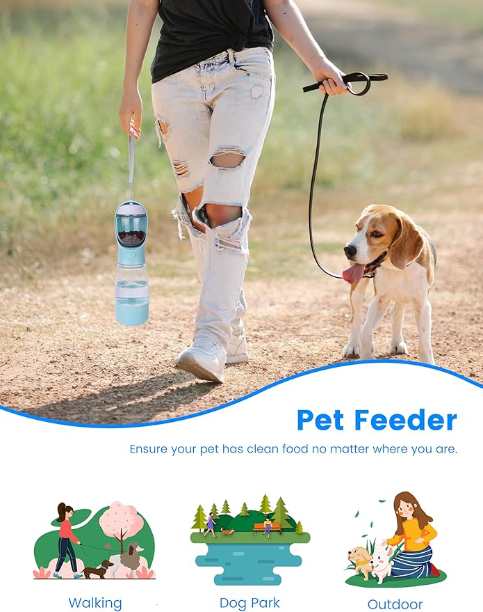 Dog Water Bottle, Portable Pet Travel Water Bottle with Food Container, Leak Proof Puppy Water Bowl Outdoor Dog Water Dispenser for Pets Outdoor, Travel, Walking(13oz)