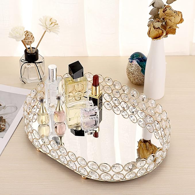 Hipiwe Mirrored Crystal Vanity Makeup Tray, Gold Ornate Jewelry Trinket Decorative Tray Cosmetic Perfume Display Organizer Tray,Home Decor Tray for Dresser/Bathroom, 11.8" x 8"