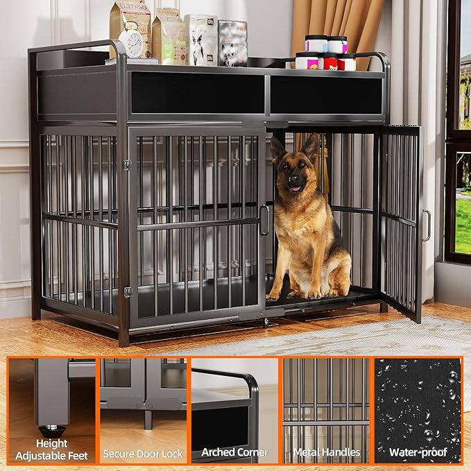 Large Dog Crate Furniture with Drawers Storage, Puppy Dog Kennel Indoor with Double Doors, Heavy Duty Wooden Dog Cage Table, Sturdy Metal, Black