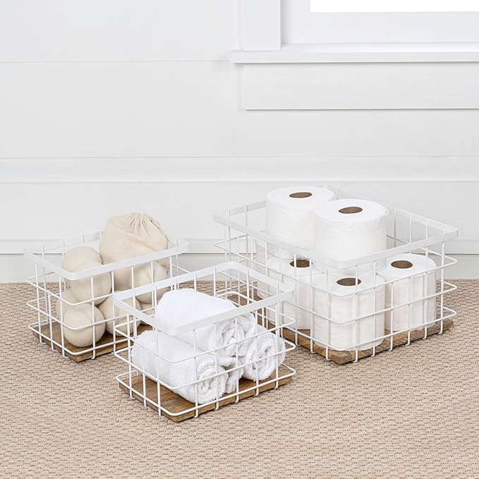 happimess BSK3004B-3SET Evvie Vintage Farmhouse Wire Metal Nesting Storage Baskets with Wood Base for Shelves, Cabinets, Pantry, Countertop, Mesh Open Bin Basket, White/Natural (Set of 3)