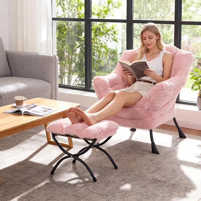 Welnow Lazy Chair with Ottoman, Modern Lounge Accent Chair with Armrests and a Side Pocket, Leisure Sofa Armchair Set, Reading Armchair with Footrest for Small Space, Plush Pink