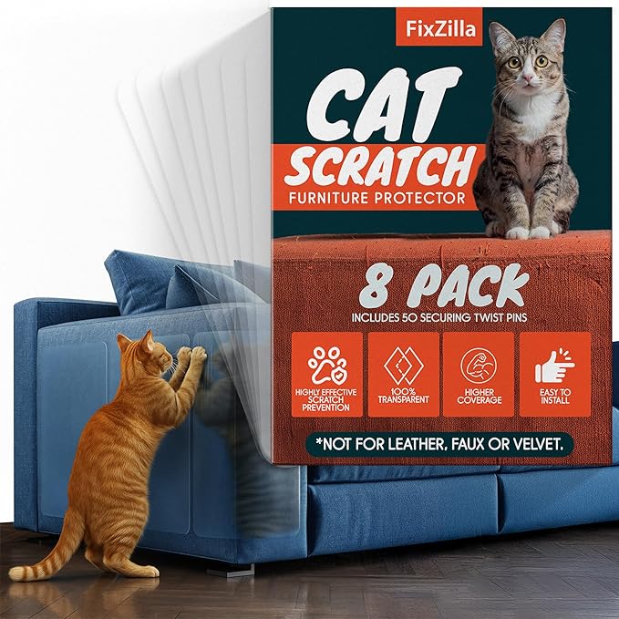 Anti Cat Scratch Furniture Protector, 8-Pack Couch Protector from Cat Claws – Heavy-Duty, Easy-to-Apply Scratching Deterrent and Shield for Sofa Corners, Walls, and Doors- with 50 Twist Pins