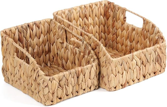 FEILANDUO Pantry Organizers Wicker Baskets for Organizing with Handles Handwoven Wicker Storage Bins Baskets for Shelves Boho Home Decor (Natural(Water Hyacinth), Set of 2