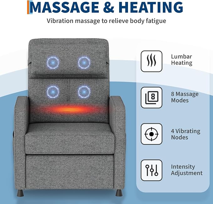 GarveeHome Electric Recliner Chair Living Room Chair Adjustable Power Recliner with Massage & Heat & Lumbar Support & Side Pockets & USB Port(Gray)