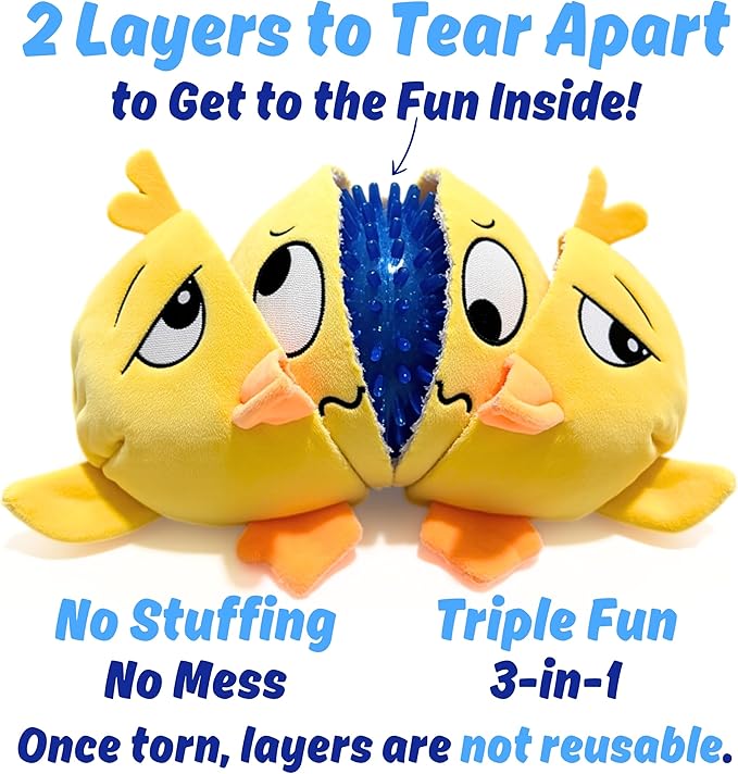 3 in 1 Squeaky Soft Plush Durable Dog Chew Toy for Aggressive Chewers, No Stuffing Interactive Tough Rip & Reveal Crinkle Yellow Duck Ball in Gift Box, Puppy, Small & Large Breed Pets Birthday Present