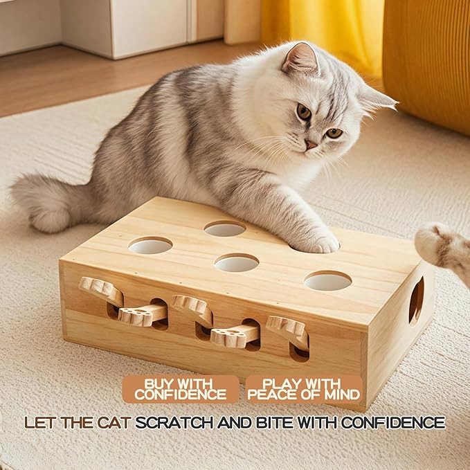 Wooden Whack-a-mole Interactive Cat Toy for Indoor Cats Interactive Pet Toy Box Cat Puzzle Toy for All Ages Cats for Indoor Play Exercise (5 Holes)