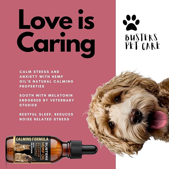 Busters 2Pack Calming Hemp Oil for Dogs, Cats, Infused with MELATONIN, Sleep Support, Soothing, Natural Relief, Ideal Omega Ratio, Adrenal Support (Calming Formula 2-Pack)