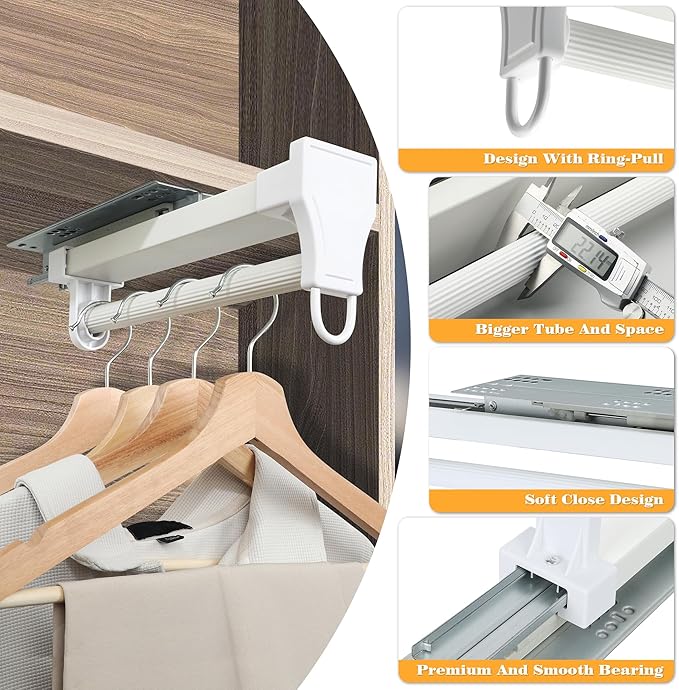 Alise 10 Inch Pull Out Clothes Hanger Rack with Automatic Soft-Close Mechanism for Closets, Heavy Duty Metal Rod Organizer for Coats, Pants, and More, White