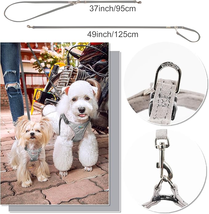 Puppytie No Pull Small Dog Harness with Multifunction Dog Leash,Lightweight Soft Adjustable No Choke Escape Proof Pet Harness Vest Pet Harness Vest,Glossy Grey,S