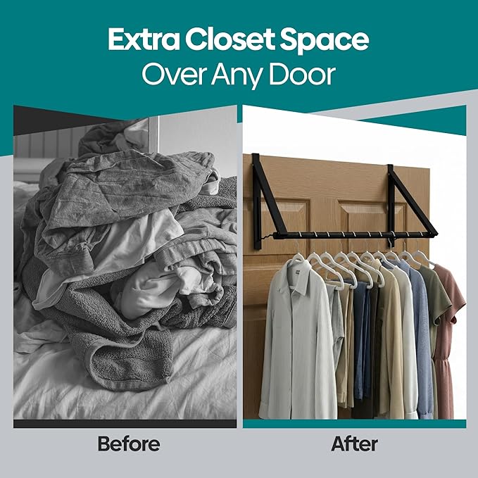 HOLDN’ STORAGE Over The Door Hanger - Foldable Rack Organizer for Hanging Clothes, Coats & Towels, Ideal for Dorm Rooms, Laundry, Bathrooms, Etc - Holds up to 35 LBs, Collapsible - Black (2 Pack)