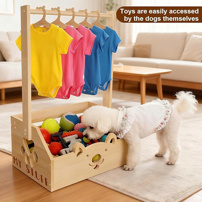 20" x 13.5" x 9" Wooden Dog Closet for Small Dogs - 2-in-1 Clothes Hanger & Storage Basket, with Cute Pet-Face Design, Practical Organizer for Pet Supplies, Home Decor & Dog Gear Tidying
