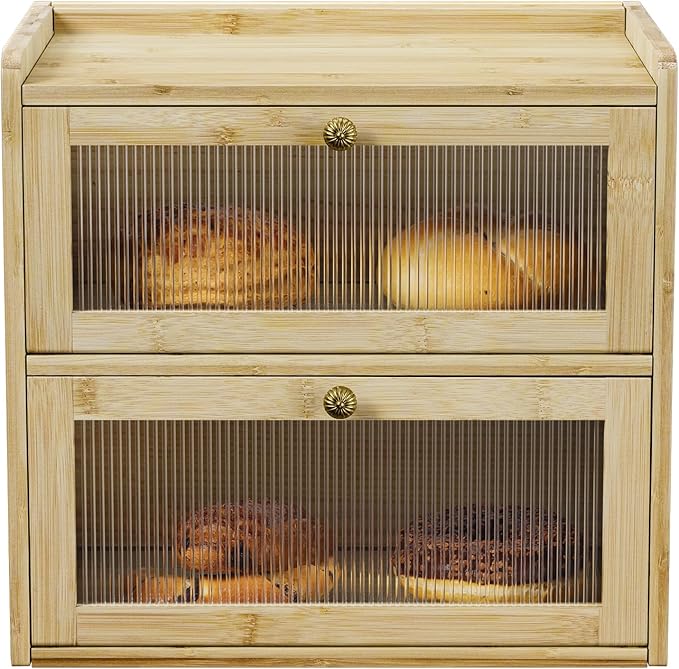 Bread Box for Kitchen Countertop Wooden Bread Storage Container Bin 2 Layer Corner Breadbox Large Capacity, Vintage Farmhouse Food Organizer Pantry Shelf with Window - Natural Bamboo